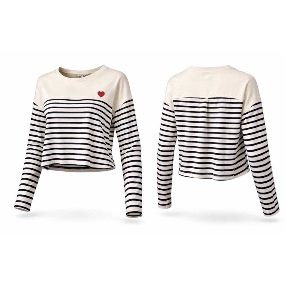 Workshop Republic Striped Sweater M Cream Black Heart Patch Cropped Pullover